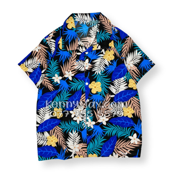 Bộ Áo Sơ Mi Quần Short Hawaiian Hoa Vàng Lá Xanh Nam Nữ Đi Biển