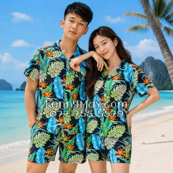 Bộ Áo Sơ Mi Quần Short Hawaiian Hoa Thiên Điểu Lá Trầu Bà Lá Xẻ Nam Nữ