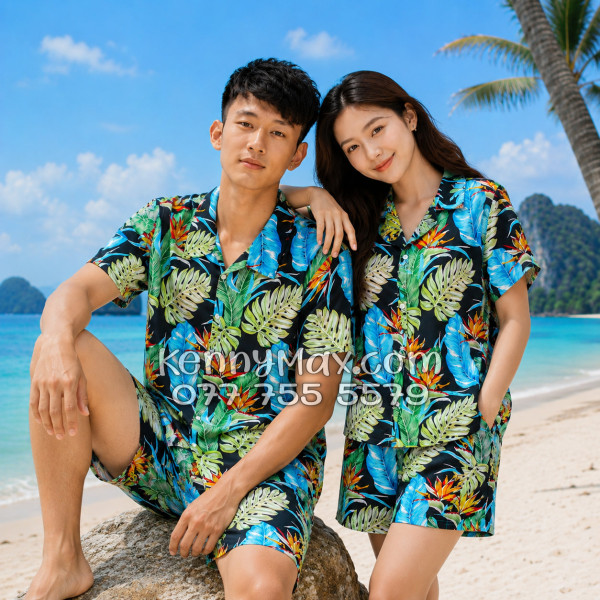 Bộ Áo Sơ Mi Quần Short Hawaiian Hoa Thiên Điểu Lá Trầu Bà Lá Xẻ Nam Nữ