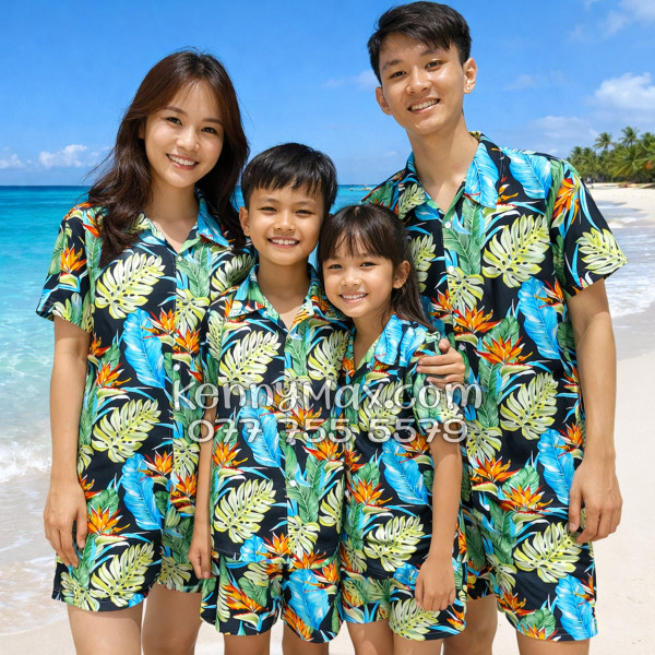Bộ Áo Sơ Mi Quần Short Hawaiian Hoa Thiên Điểu Lá Trầu Bà Lá Xẻ Nam Nữ