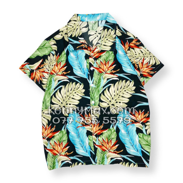 Bộ Áo Sơ Mi Quần Short Hawaiian Hoa Thiên Điểu Lá Trầu Bà Lá Xẻ Nam Nữ