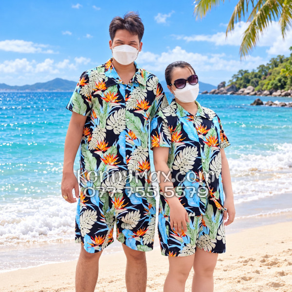 Bộ Áo Sơ Mi Quần Short Hawaiian Hoa Thiên Điểu Lá Trầu Bà Lá Xẻ Nam Nữ