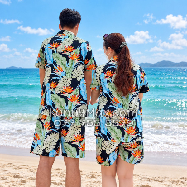 Bộ Áo Sơ Mi Quần Short Hawaiian Hoa Thiên Điểu Lá Trầu Bà Lá Xẻ Nam Nữ