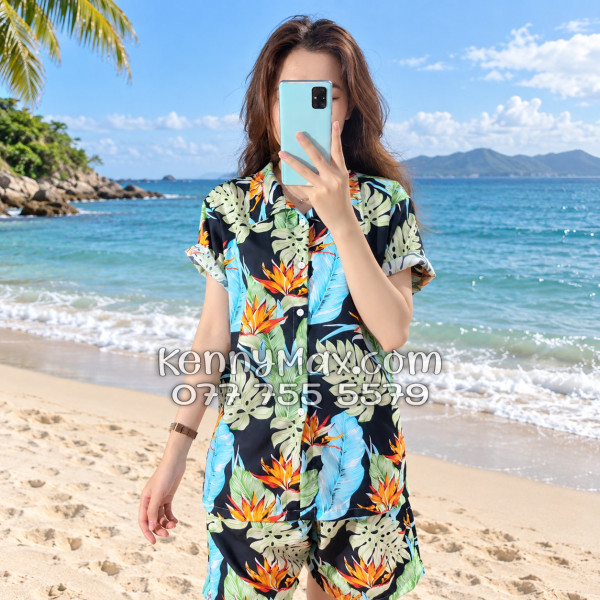 Bộ Áo Sơ Mi Quần Short Hawaiian Hoa Thiên Điểu Lá Trầu Bà Lá Xẻ Nam Nữ