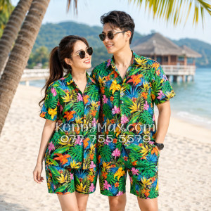 Bộ Áo Sơ Mi Quần Short Hawaiian Hoa Loa Kèn Nam Nữ Đi Biển