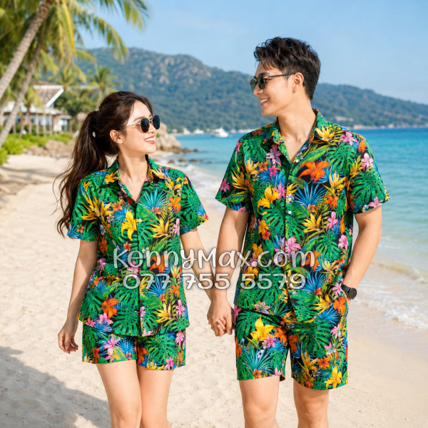 Bộ Áo Sơ Mi Quần Short Hawaiian Hoa Loa Kèn Nam Nữ Đi Biển