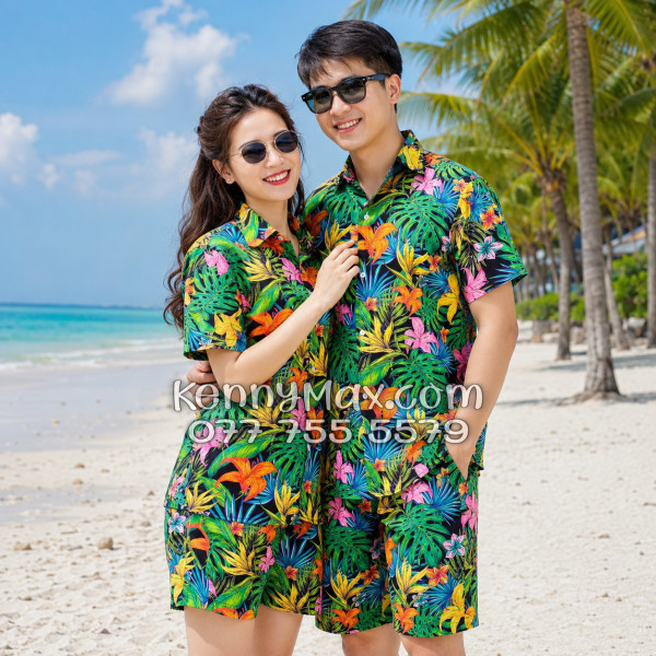 Bộ Áo Sơ Mi Quần Short Hawaiian Hoa Loa Kèn Nam Nữ Đi Biển