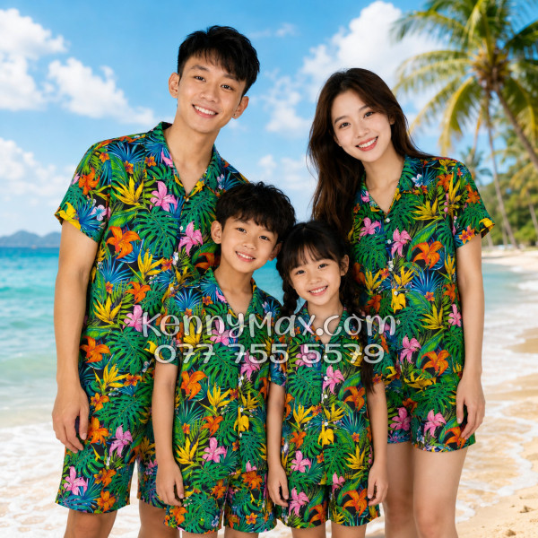 Bộ Áo Sơ Mi Quần Short Hawaiian Hoa Loa Kèn Nam Nữ Đi Biển