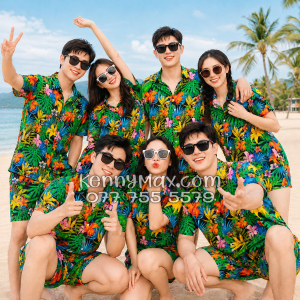 Bộ Áo Sơ Mi Quần Short Hawaiian Hoa Loa Kèn Nam Nữ Đi Biển