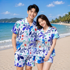 Bộ Áo Sơ Mi Quần Short Hawaiian Hoa Tulip Nam Nữ Đi Biển