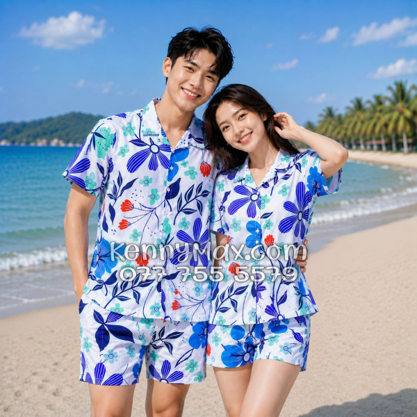 Bộ Áo Sơ Mi Quần Short Hawaiian Hoa Tulip Nam Nữ Đi Biển