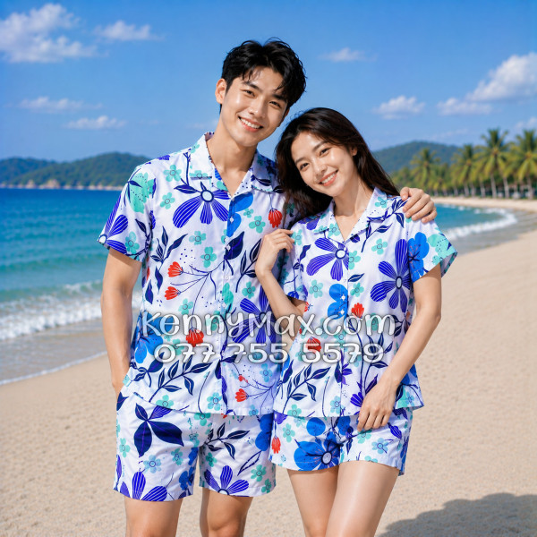 Bộ Áo Sơ Mi Quần Short Hawaiian Hoa Tulip Nam Nữ Đi Biển