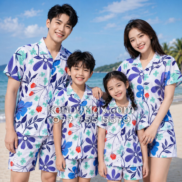 Bộ Áo Sơ Mi Quần Short Hawaiian Hoa Tulip Nam Nữ Đi Biển
