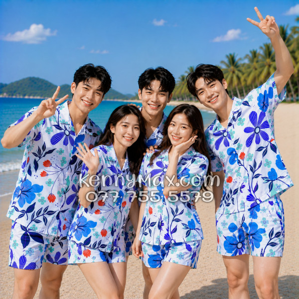 Bộ Áo Sơ Mi Quần Short Hawaiian Hoa Tulip Nam Nữ Đi Biển