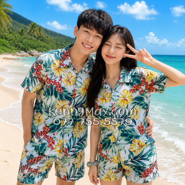 Bộ Áo Sơ Mi Quần Short Hawaiian Bông Hoa Dăm Bụt Nam Nữ Đi Biển