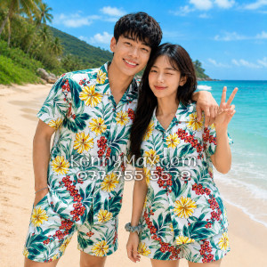 Bộ Áo Sơ Mi Quần Short Hawaiian Bông Hoa Dăm Bụt Nam Nữ Đi Biển