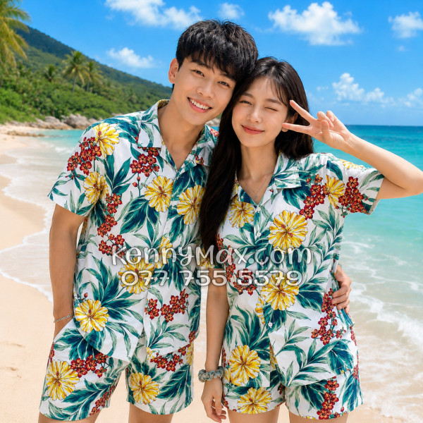Bộ Áo Sơ Mi Quần Short Hawaiian Bông Hoa Dăm Bụt Nam Nữ Đi Biển