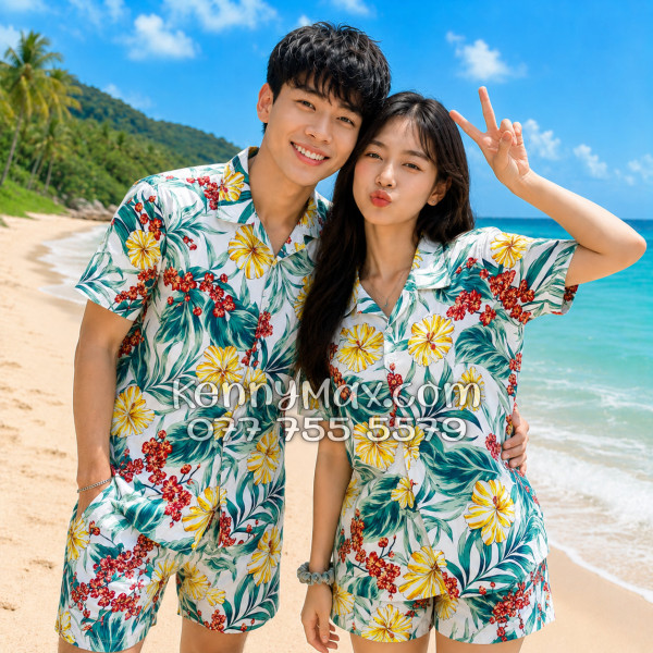Bộ Áo Sơ Mi Quần Short Hawaiian Bông Hoa Dăm Bụt Nam Nữ Đi Biển