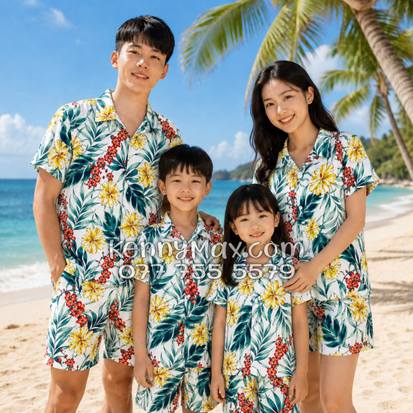 Bộ Áo Sơ Mi Quần Short Hawaiian Bông Hoa Dăm Bụt Nam Nữ Đi Biển