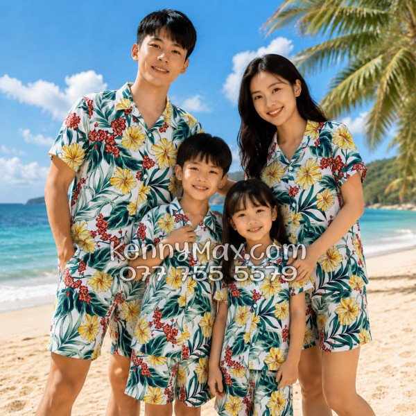 Bộ Áo Sơ Mi Quần Short Hawaiian Bông Hoa Dăm Bụt Nam Nữ Đi Biển
