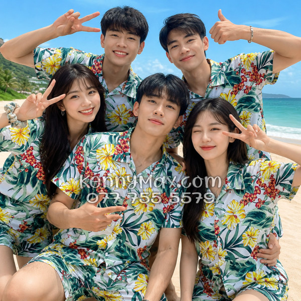Bộ Áo Sơ Mi Quần Short Hawaiian Bông Hoa Dăm Bụt Nam Nữ Đi Biển