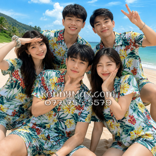 Bộ Áo Sơ Mi Quần Short Hawaiian Bông Hoa Dăm Bụt Nam Nữ Đi Biển