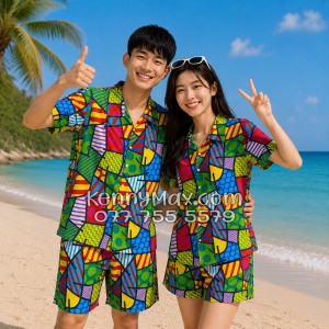 Bộ Áo Sơ Mi Quần Short Hawaiian Caro Nhiều Màu Nam Nữ Đi Biển