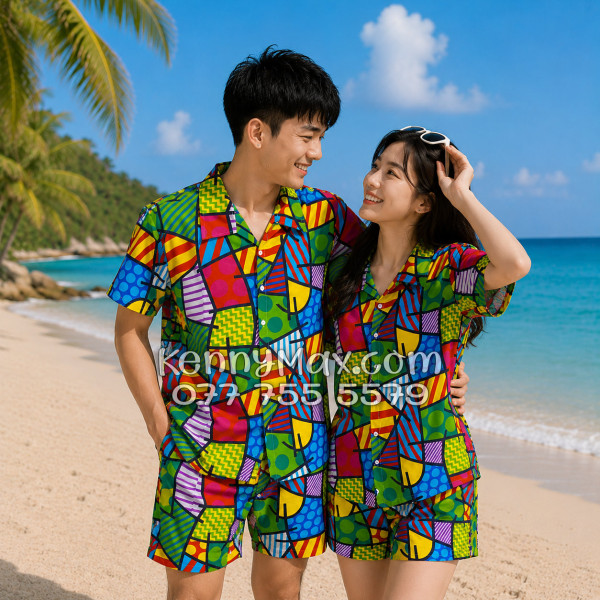 Bộ Áo Sơ Mi Quần Short Hawaiian Caro Nhiều Màu Nam Nữ Đi Biển