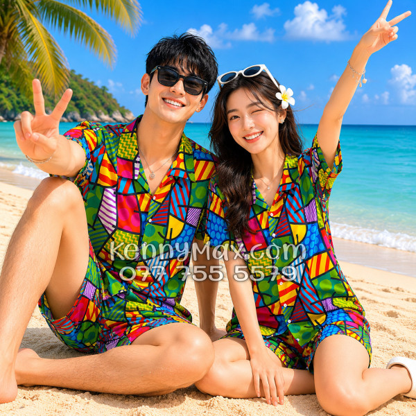 Bộ Áo Sơ Mi Quần Short Hawaiian Caro Nhiều Màu Nam Nữ Đi Biển