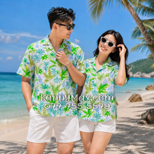 Áo Sơ Mi Đôi Resort Vải Đũi Họa Tiết Lá Nhiệt Đới Xanh - ATD018