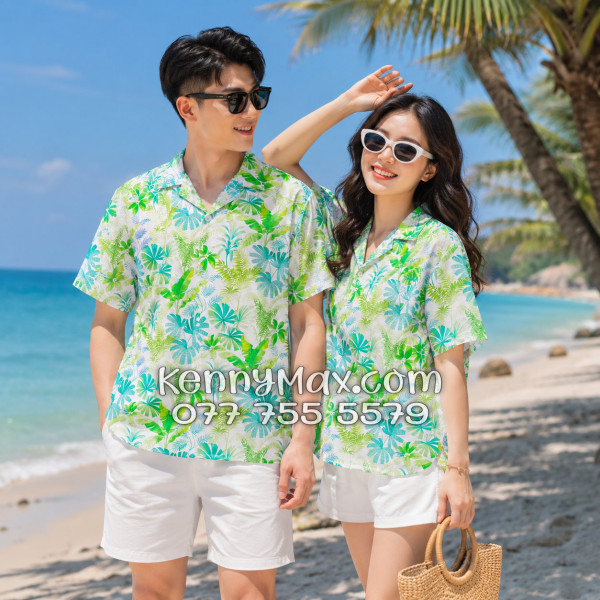 Áo Sơ Mi Đôi Resort Vải Đũi Họa Tiết Lá Nhiệt Đới Xanh - ATD018