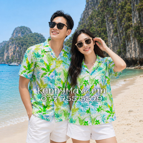 Áo Sơ Mi Đôi Resort Vải Đũi Họa Tiết Lá Nhiệt Đới Xanh - ATD018