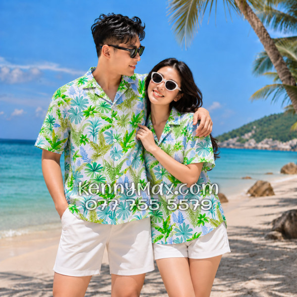 Áo Sơ Mi Đôi Resort Vải Đũi Họa Tiết Lá Nhiệt Đới Xanh - ATD018