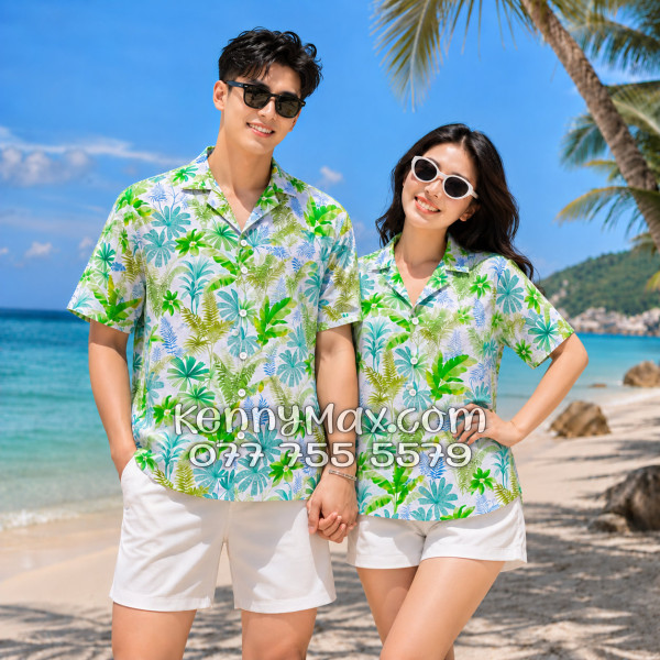 Áo Sơ Mi Đôi Resort Vải Đũi Họa Tiết Lá Nhiệt Đới Xanh - ATD018