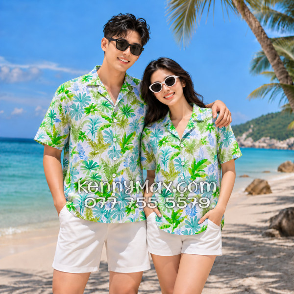 Áo Sơ Mi Đôi Resort Vải Đũi Họa Tiết Lá Nhiệt Đới Xanh - ATD018