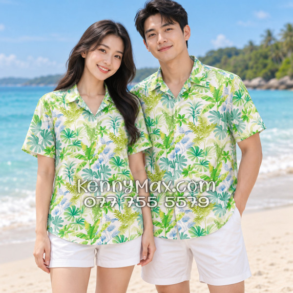 Áo Sơ Mi Đôi Resort Vải Đũi Họa Tiết Lá Nhiệt Đới Xanh - ATD018