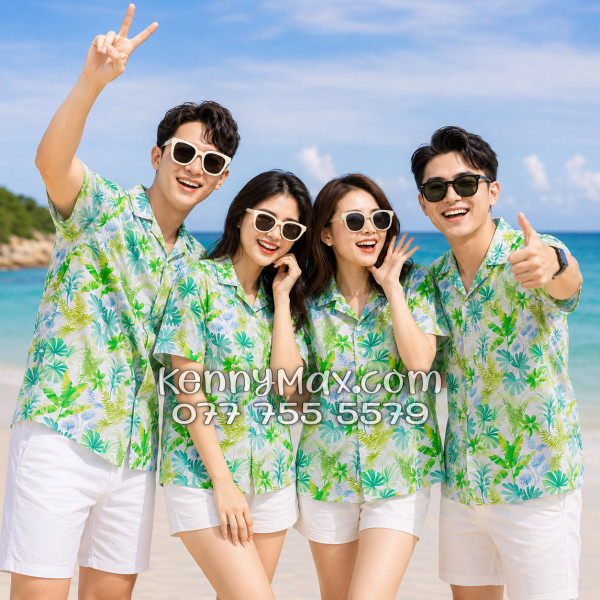 Áo Sơ Mi Đôi Resort Vải Đũi Họa Tiết Lá Nhiệt Đới Xanh - ATD018
