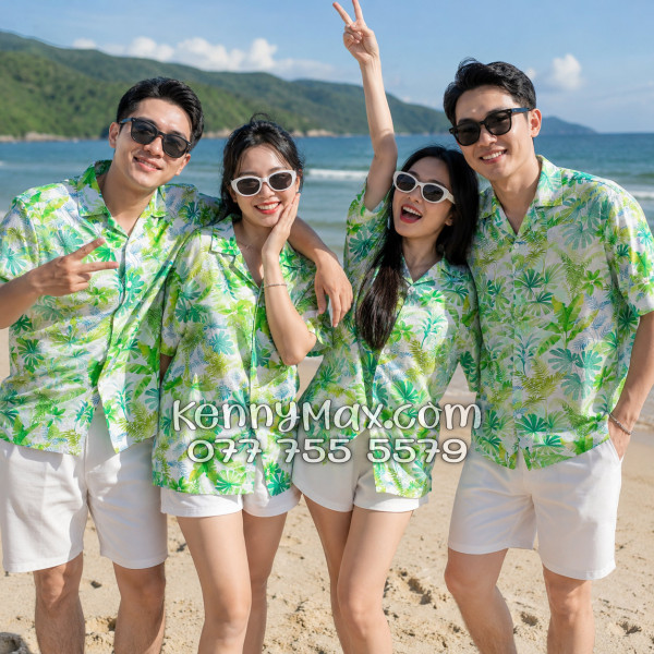 Áo Sơ Mi Đôi Resort Vải Đũi Họa Tiết Lá Nhiệt Đới Xanh - ATD018