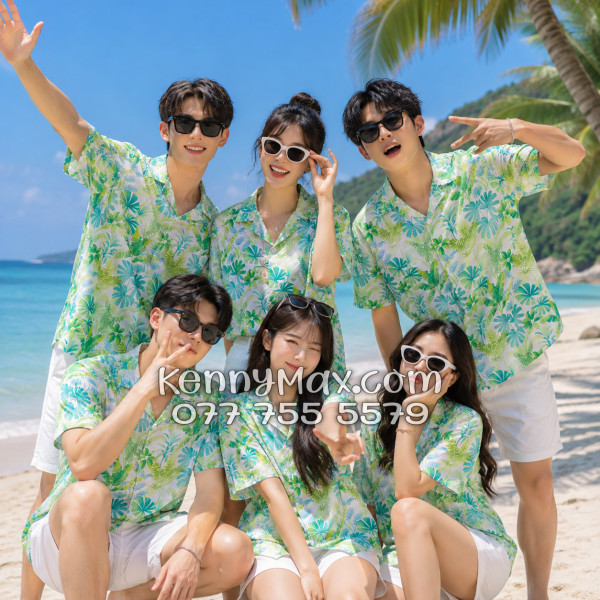 Áo Sơ Mi Đôi Resort Vải Đũi Họa Tiết Lá Nhiệt Đới Xanh - ATD018