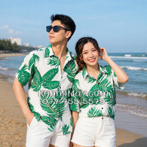 Áo Sơ Mi Đôi Resort Vải Đũi Họa Tiết Lá Xanh Tropical - ATD021