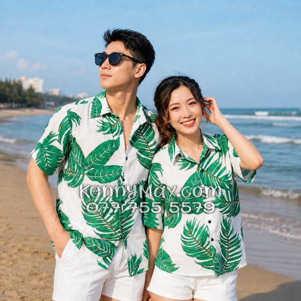 Áo Sơ Mi Đôi Resort Vải Đũi Họa Tiết Lá Xanh Tropical - ATD021