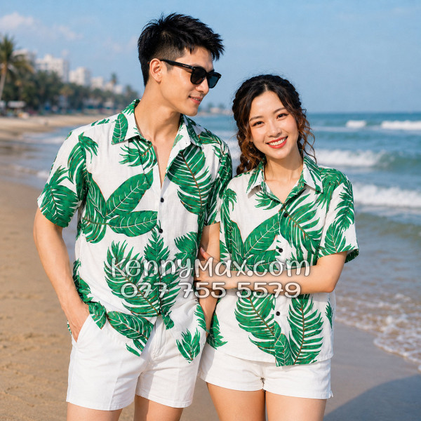 Áo Sơ Mi Đôi Resort Vải Đũi Họa Tiết Lá Xanh Tropical - ATD021