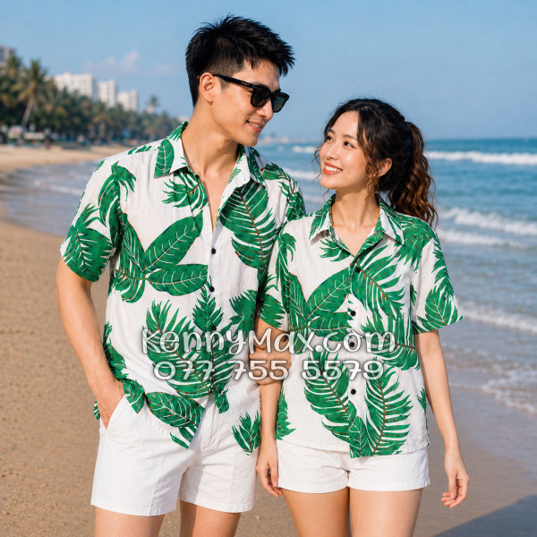 Áo Sơ Mi Đôi Resort Vải Đũi Họa Tiết Lá Xanh Tropical - ATD021