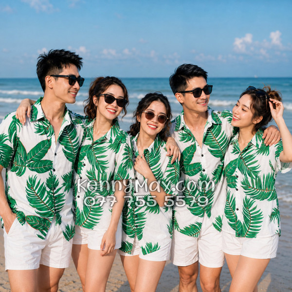 Áo Sơ Mi Đôi Resort Vải Đũi Họa Tiết Lá Xanh Tropical - ATD021