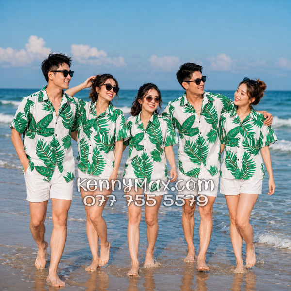Áo Sơ Mi Đôi Resort Vải Đũi Họa Tiết Lá Xanh Tropical - ATD021