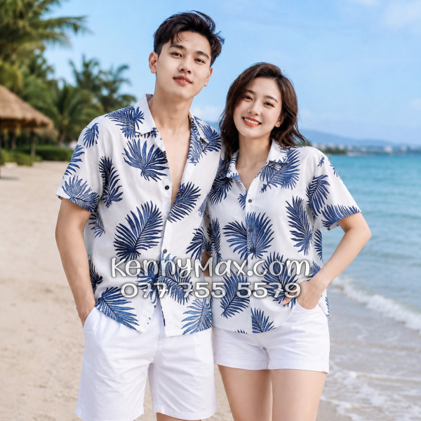 Áo Sơ Mi Đôi Resort Vải Đũi Họa Tiết Lá Cọ Navy Tropical - ATD024