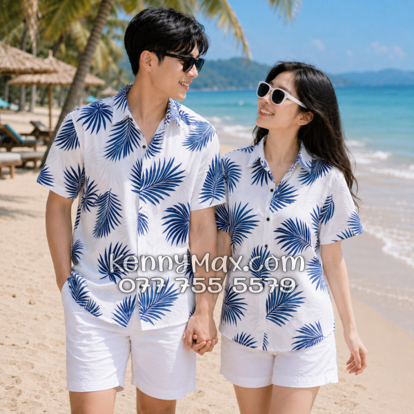 Áo Sơ Mi Đôi Resort Vải Đũi Họa Tiết Lá Cọ Navy Tropical - ATD024