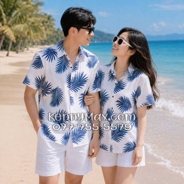Áo Sơ Mi Đôi Resort Vải Đũi Họa Tiết Lá Cọ Navy Tropical - ATD024