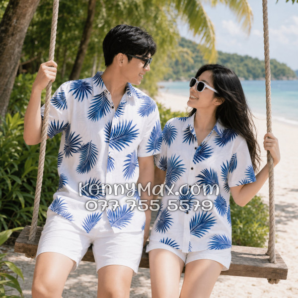 Áo Sơ Mi Đôi Resort Vải Đũi Họa Tiết Lá Cọ Navy Tropical - ATD024