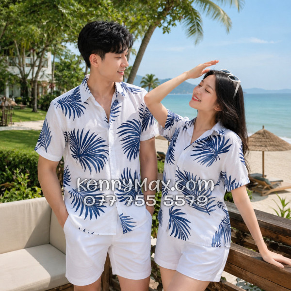 Áo Sơ Mi Đôi Resort Vải Đũi Họa Tiết Lá Cọ Navy Tropical - ATD024